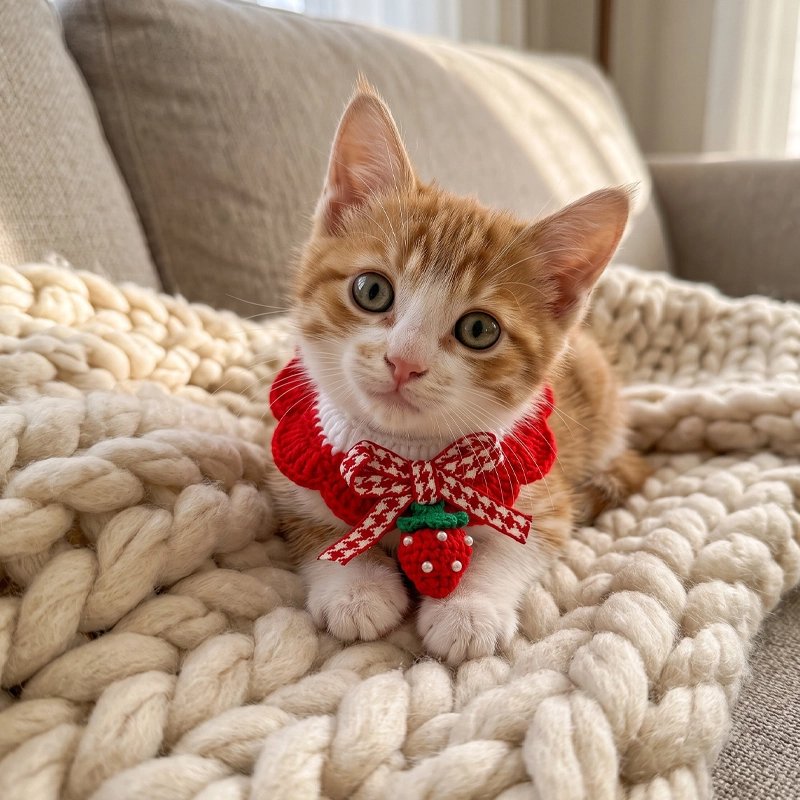 Collier chat collerette crochet motif fraise, porté par un chaton roux et blanc sur un plaid en laine