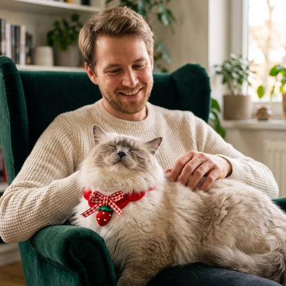 Collier chat collerette crochet motif fraise rouge à pois, porté par un chat Ragdoll blanc sur un fauteuil vert