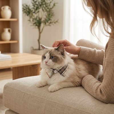 Collier chat élégant à carreaux blanc sur chat Ragdoll aux yeux bleus