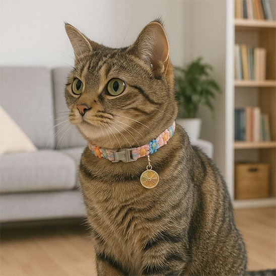 Collier chat fleurs multicolore pendentif citron doré