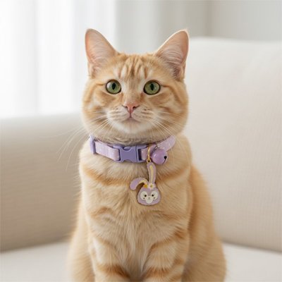 Collier chat lilas avec médaille lapin – accessoire chat élégant
