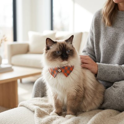 Collier chat nœud papillon à carreaux orange  sur chat Ragdoll