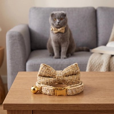 Collier chat nœud papillon doré effet tweed posé sur une table