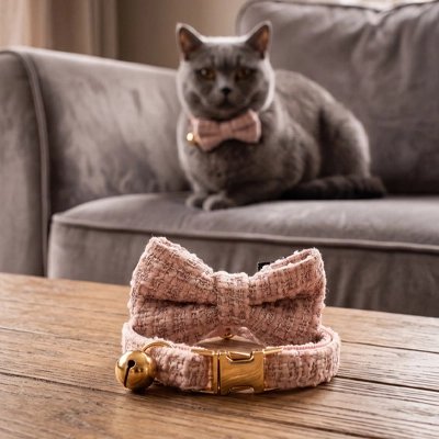 Collier chat nœud papillon rose avec boucle et clochette dorées, chat gris au fond