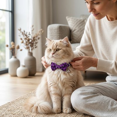 Collier chat nœud papillon violet pailleté avec clochette sur chat persan crème