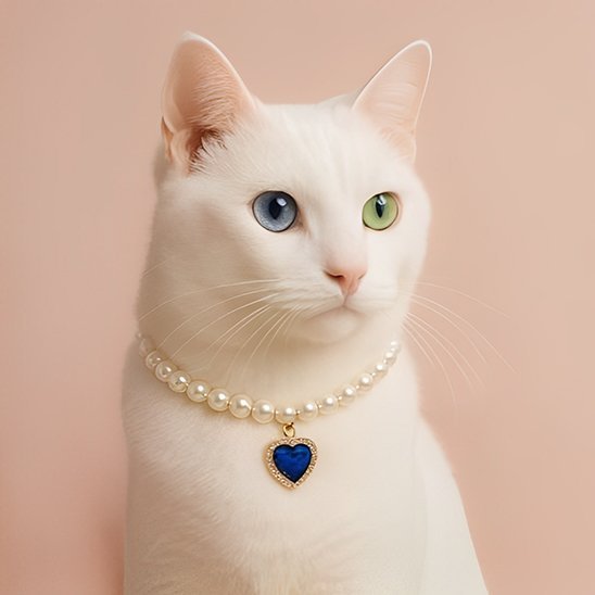 Collier chat perles pendentif cœur bleu saphir