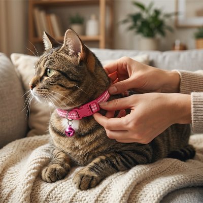 Collier chat rose avec clochette et boucle réglable - Chat tigré portant un collier sécurisé