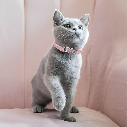 Collier chat rose avec pendentif double cœur strass - British Shorthair gris