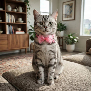 Collier Chat tigré gris assis sur un canapé avec un collier rose à nœud papillon à pois et grelot