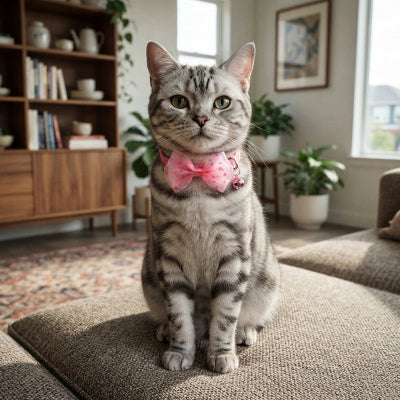 Collier Chat tigré gris assis sur un canapé avec un collier rose à nœud papillon à pois et grelot