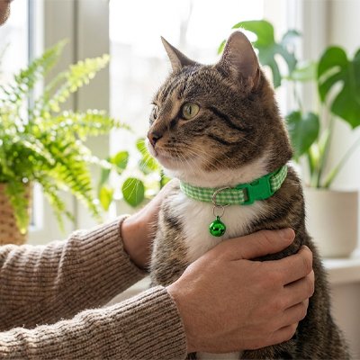 Collier chat vert avec clochette dorée - Collier réglable pour chat domestique