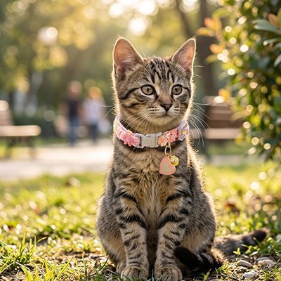 Chaton tigré avec collier fleuri assis dans un parc ensoleillé