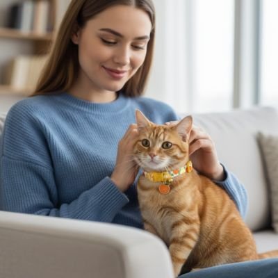 Femme avec chat portant collier jaune.
