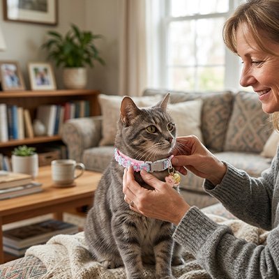 Femme qui attache un collier fleuri rose bleu sur son chat tigré