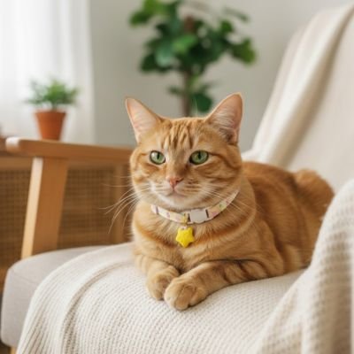 Chat roux tigré allongé sur une couverture blanche portant un collier avec médaille jaune .
