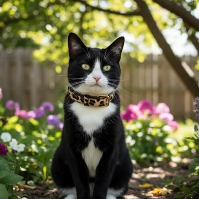 Chat noir et blanc avec collier léopard dans un jardin fleuri