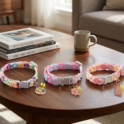Trois colliers chat fleuris colorés avec breloques sur table en bois