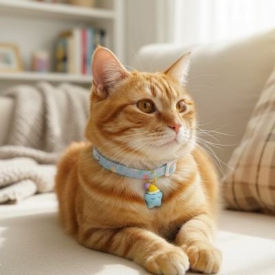 Chat roux tigré portant un collier bleu avec médaille d'identification jaune, assis confortablement sur un canapé blanc
