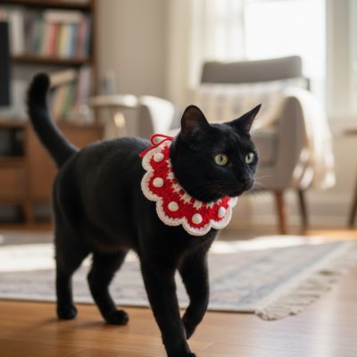 Chat noir portant un collier rouge a l'interieur.