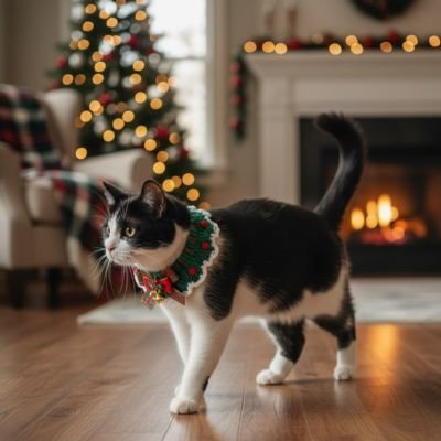  Chat noir et blanc portant collier festif