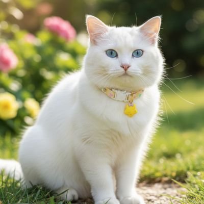 Chat blanc aux yeux bleus avec collier jaune, assis dans un jardin fleuri avec des roses
