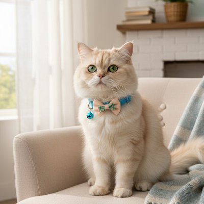 "Chat blanc aux yeux verts portant un collier bleu turquoise avec nœud papillon et clochette assis sur un canapé"