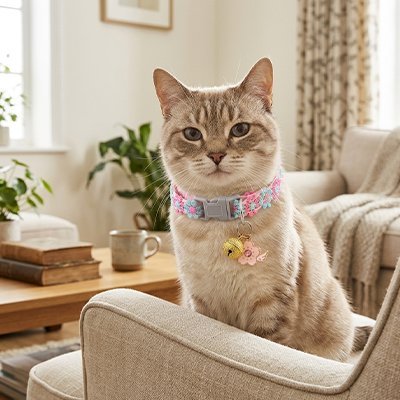 Chat beige avec collier fleuri rose bleu et breloque dorée sur fauteuil