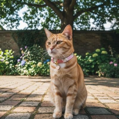 Chat roux avec collier rose sur terrasse.