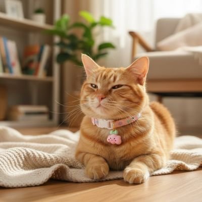 Chat roux détendu avec collier chat rose doux