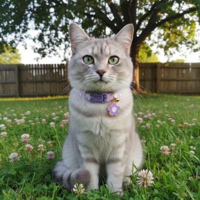 Chat gris avec collier violet dans jardin fleuri
