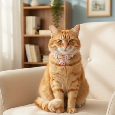  Chat roux avec collier chat rose premium sur canapé