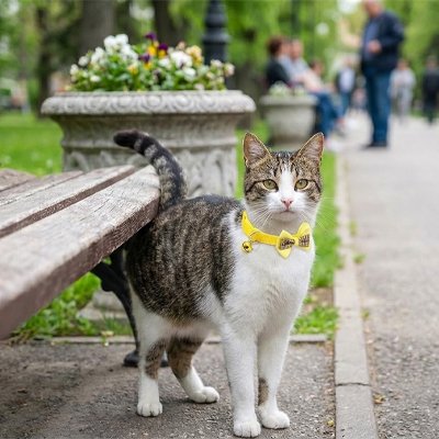 "Chat tigré gris et blanc portant un collier jaune avec nœud papillon et clochette en extérieur"