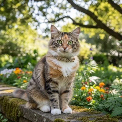 Chat tigré portant un collier serpent dans un jardin fleuri