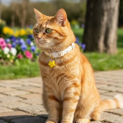 Chat roux tigré assis en extérieur portant un collier blanc avec médaille d'identification jaune, fleurs colorées en arrière-plan
