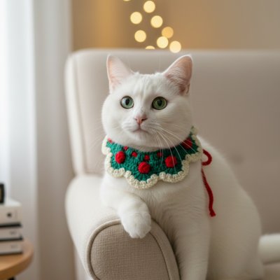 Chat portant collier vert assis sur un canapé.