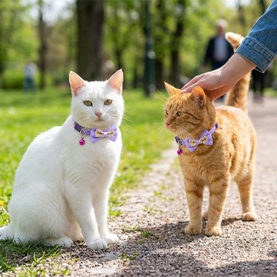  "Chat blanc et chat roux portant des colliers colorés avec nœud papillon et clochette lors d'une promenade en parc"