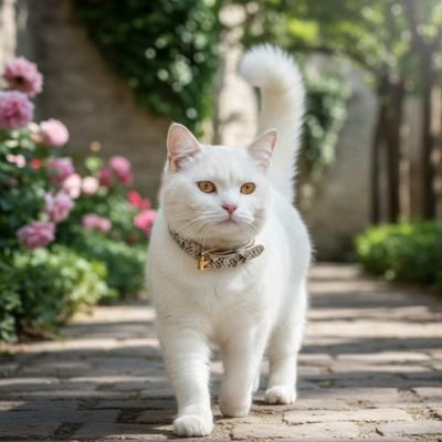 Chat blanc élégant avec collier serpent dans un jardin 