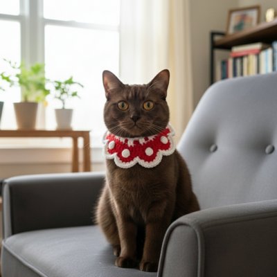 Chat portant collier rouge assis sur un canapé.