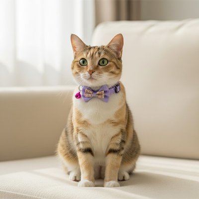  "Chat beige et blanc portant un collier violet avec nœud papillon et clochette rose assis sur un canapé"