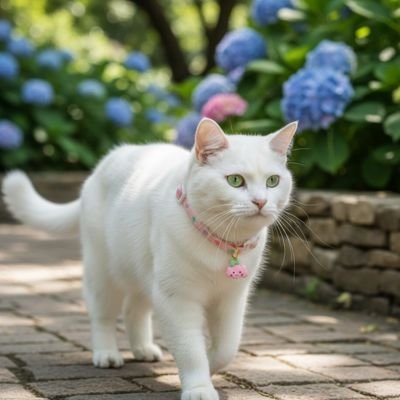 Chat blanc avec collier chat rose en extérieur