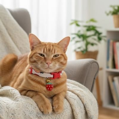 Chat roux avec collier rouge sur fauteuil.