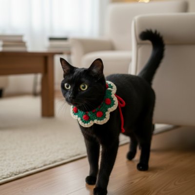 Chat porant un collier vert dans la maison.