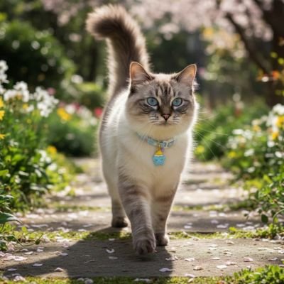Chat gris et blanc aux yeux verts avec collier bleu turquoise et médaille jaune, marchant sur un chemin de jardin fleuri
