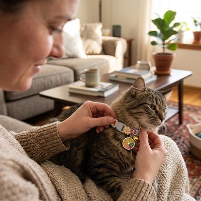 Femme qui pose un collier chat avec médaille sur chat tigré