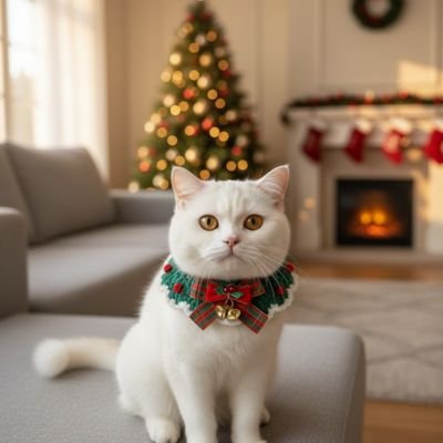 Chat blanc avec collier de Noël festif