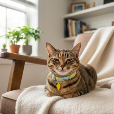 Chat tigré avec collier jaune sur canapé