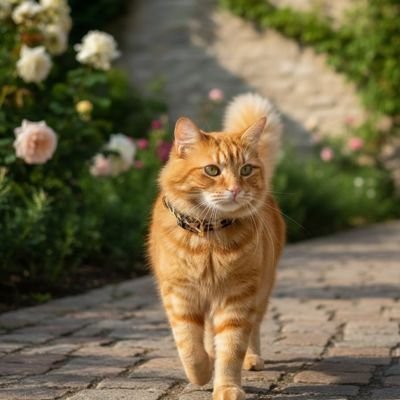 Chat roux marchant avec collier léopard  dans un jardin ensoleillé                    