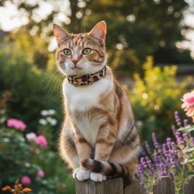Chat roux et blanc avec collier léopard assis sur une clôture