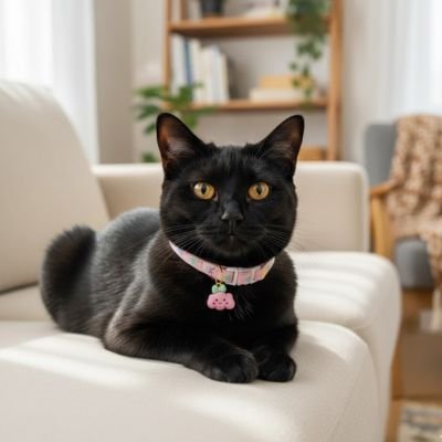  Chat noir avec collier chat rose confortable