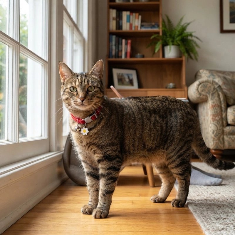 Collier ChatChat tigré debout près d’une fenêtre dans un salon, portant un collier rouge avec breloque marguerite blanche